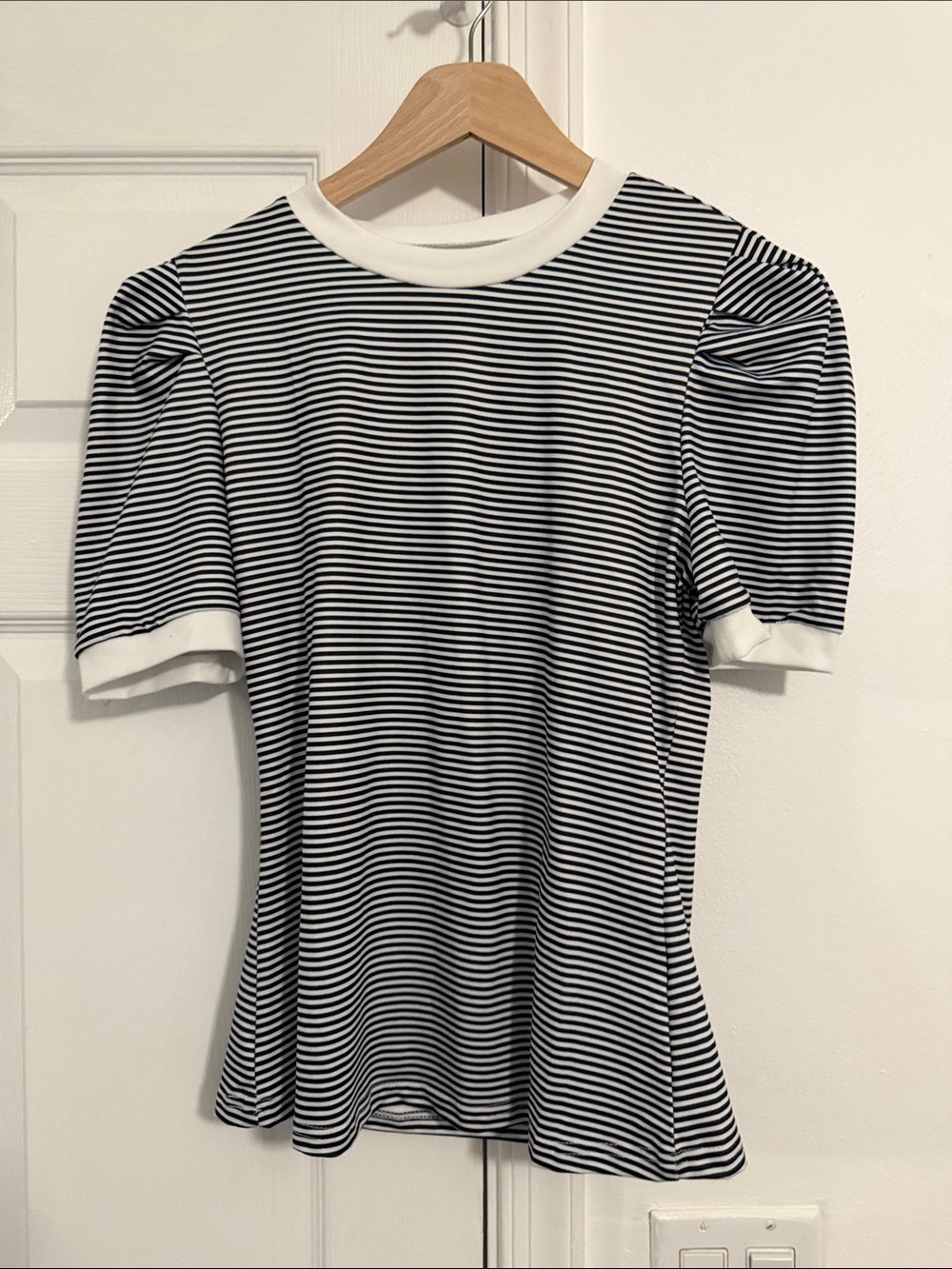 Striped Puff-Sleeve Knit Top in Black and White